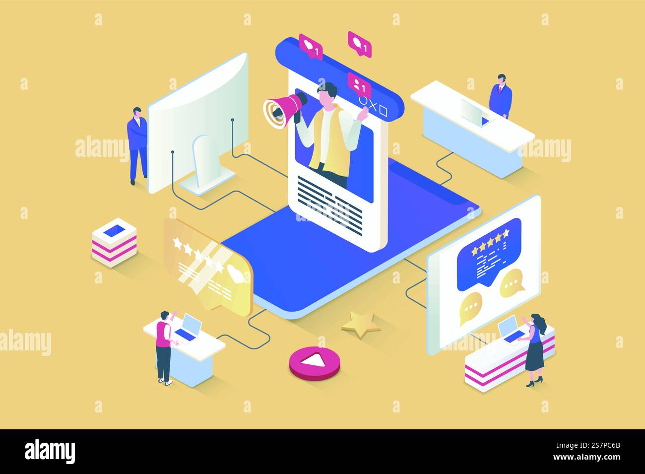 Concept de blogging dans la conception isométrique 3D. Blogger créer de nouveaux contenus dans les médias sociaux, poster et partager aux abonnés, fait la promotion. Illustration vectorielle avec scène de personnes isométriques pour graphique web Illustration de Vecteur