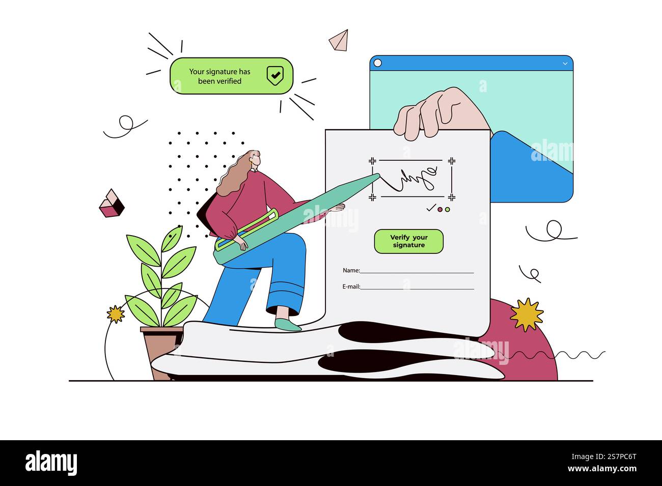 Concept de contrat électronique avec situation de caractère dans la conception plate. Femme signant le formulaire d'accord numérique avec e-signature, faisant affaire en ligne. Illustration vectorielle avec scène de personnes pour le web Illustration de Vecteur