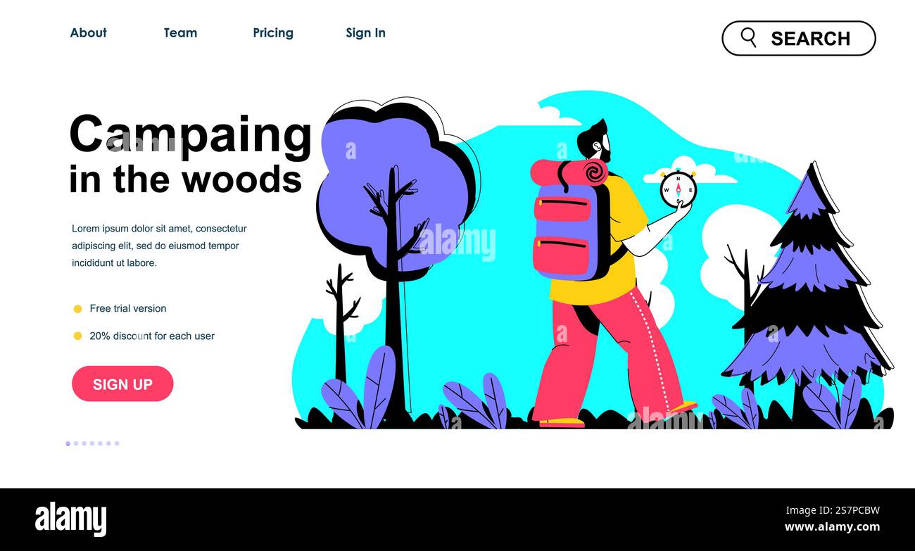 Camping dans les bois concept pour le modèle de page de destination. Homme avec sac à dos et boussole va en randonnée à la forêt. Scène de personnes d'activité de plein air. Illustration vectorielle avec conception de caractère plat pour bannière web Illustration de Vecteur
