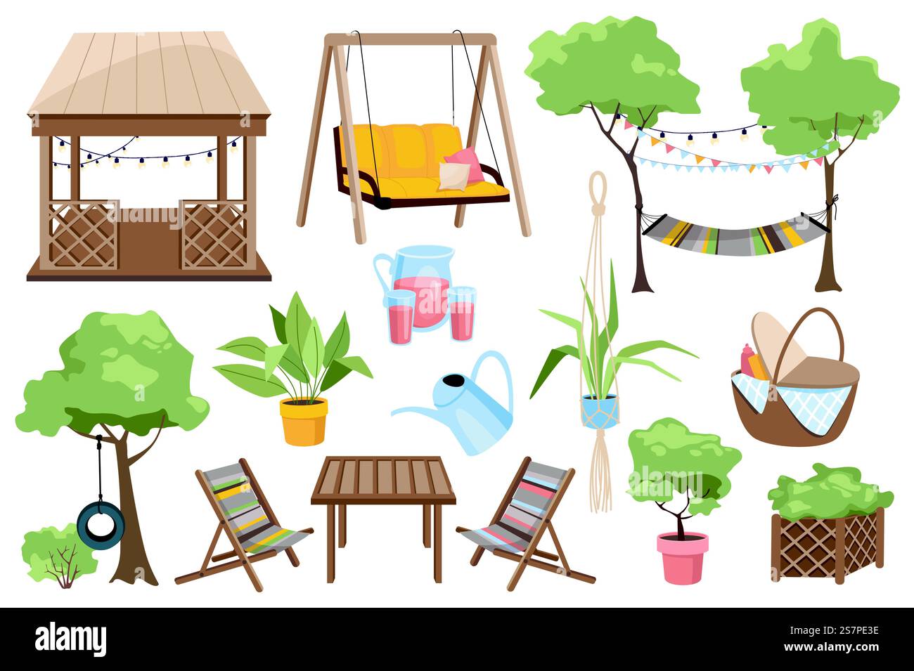 Meubles de jardin ensemble éléments graphiques dans un design plat. Paquet de gazebo en bois, hamac, arbres, en pot, carafe et verres, panier pique-nique, table, chaises et autres. Illustration vectorielle d'objets isolés Illustration de Vecteur