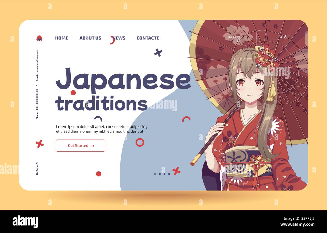 Animes manga filles en costume traditionnel de kimono japonais tenant un parapluie. Apprendre le japonais - modèle de page de destination. Modèle de page d'arrivée. Anime Girl en kimono et parapluie Illustration de Vecteur