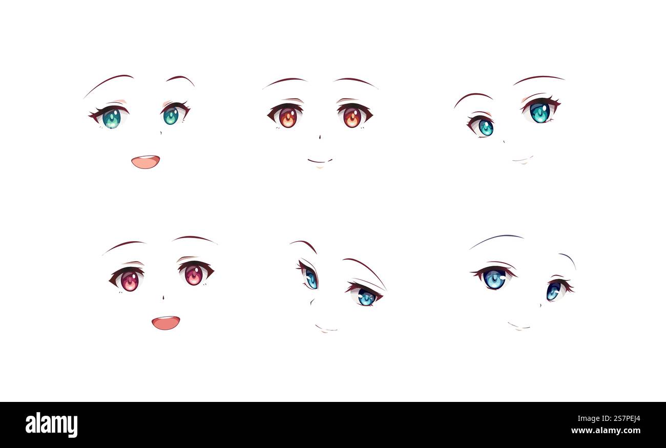 Ensemble d'expressions de style manga anime de dessin animé. Illustration vectorielle sur fond isolé. Ensemble d'expressions de style manga anime de dessin animé. Illustration de Vecteur