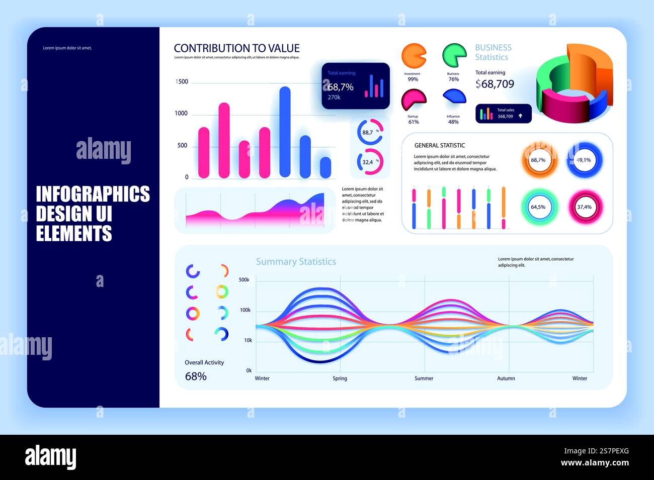 Modèle de conception de vecteur de visualisation de données d'éléments infographiques groupés. Peut être utilisé pour les étapes, les processus métier, le flux de travail, le diagramme, l'organigramme, chronologie, tableau de bord KPI, infographies. Illustration de Vecteur