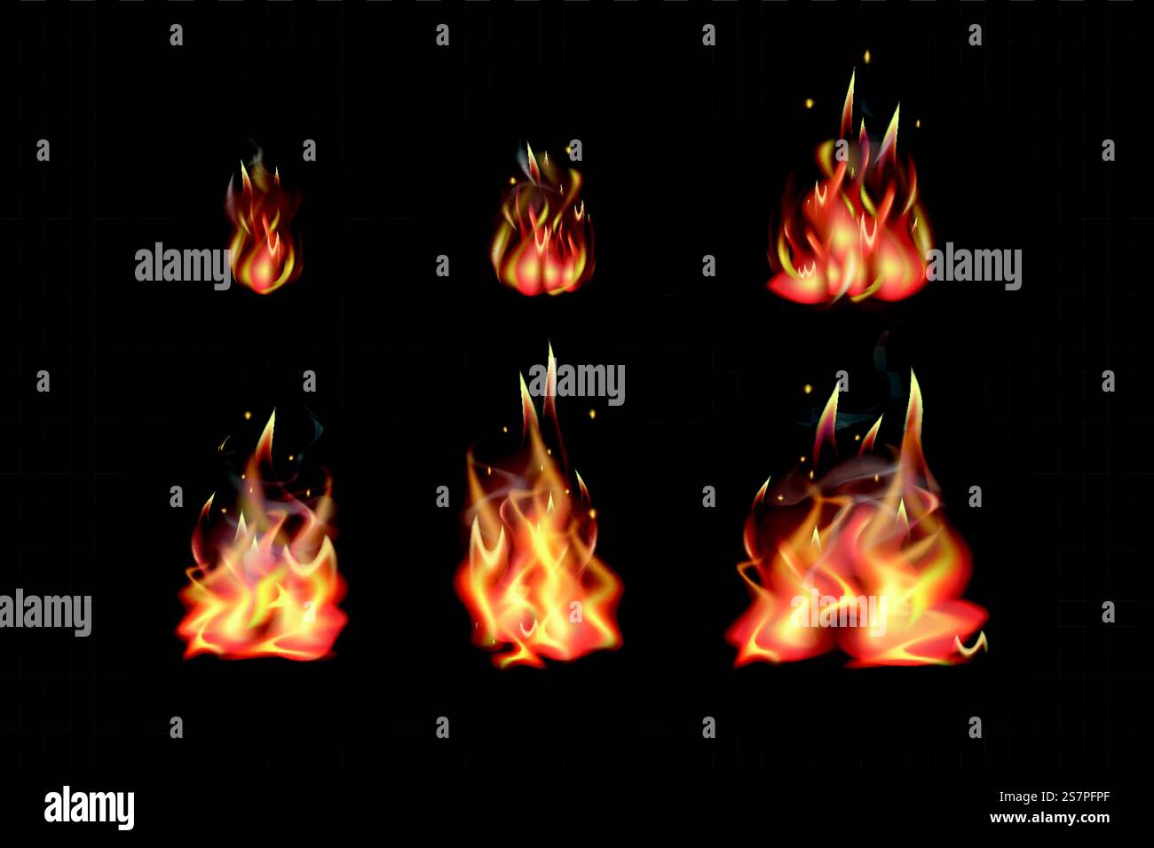 Burning Fire 3d set dans la conception de réalisme. Faisceau de différentes étapes de flammes avec de la fumée et des étincelles, effet flamboyant, fusées éclairantes brillantes ou feu de camp enflamme des éléments réalistes isolés. Illustration vectorielle Illustration de Vecteur