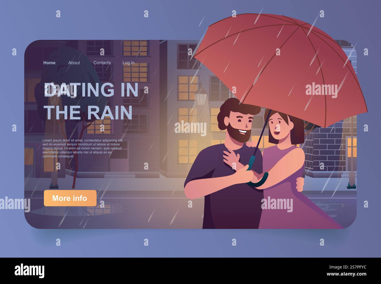 Datant dans le concept de pluie dans la conception de dessin animé pour la page d'atterrissage. Couple aimant embrassant et marchant sous parapluie. Homme et femme à la date dans la soirée pluvieuse. Illustration vectorielle avec des personnes pour la page d'accueil Web Illustration de Vecteur
