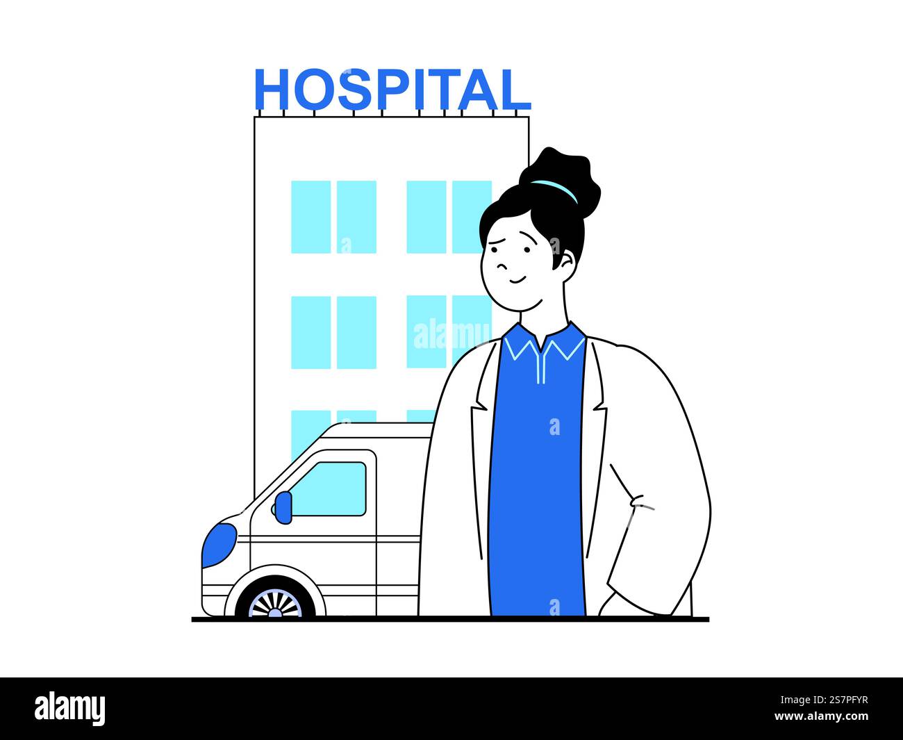 Concept médical avec situation de caractère. Médecin attendant les visiteurs en clinique, infirmière travaille à l'hôpital et sauve les patients en ambulance. Illustration vectorielle avec scène de personnes dans la conception plate pour le web Illustration de Vecteur