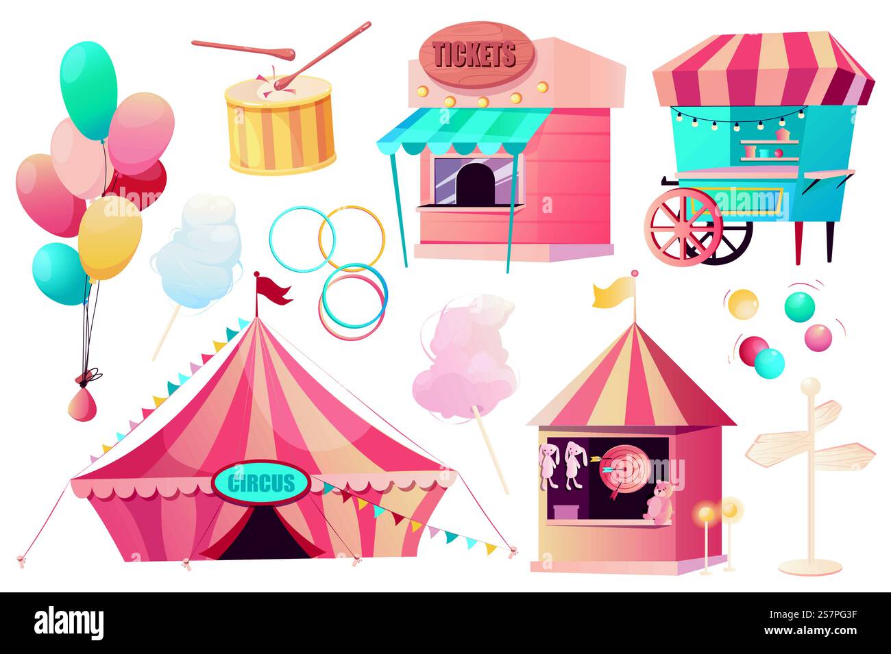 Cirque set éléments graphiques dans un design plat. Paquet de stands avec des billets, kiosque de nourriture, ballons, barbe à papa, pointeur, galerie de tir, chapiteau de cirque de carnaval. Illustration vectorielle d'objets isolés Illustration de Vecteur