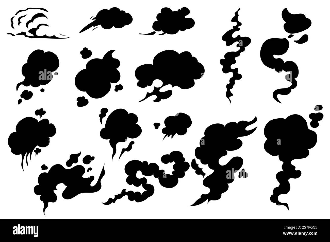 Silhouettes fumées éléments graphiques isolés dans un design plat. Faisceau de différentes formes de vapeur et vapeur noire, odeur de gaz ou textures de nuage, vitesses de déplacement dans un style comique. Illustration vectorielle. Illustration de Vecteur