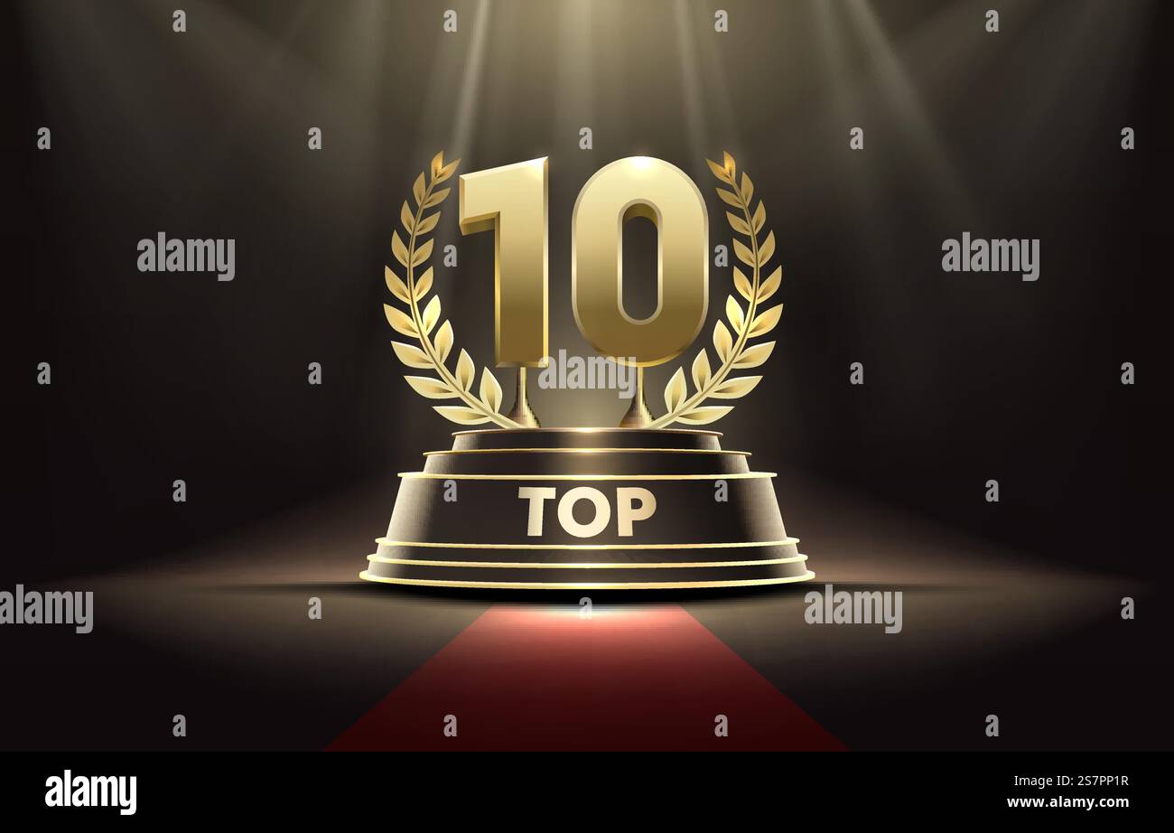 Top 10 meilleur signe de prix podium, objet doré. Illustration vectorielle. Top 10 meilleur signe de prix podium, objet doré. Vecteur Illustration de Vecteur