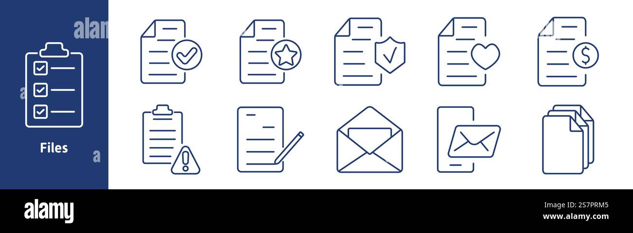 Icône de jeu de fichiers. Presse-papiers, document approuvé, marqué d'une étoile, vérifié, favori, document financier, avertissement, modifier, enveloppe, e-mail, pile de plieuse Illustration de Vecteur