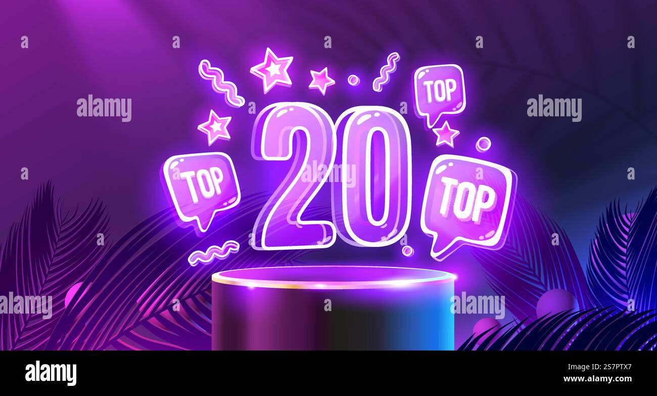 Top 20 du podium néon, prix de la meilleure bannière. Illustration vectorielle. Top 20 du podium néon, prix de la meilleure bannière. Vecteur Illustration de Vecteur