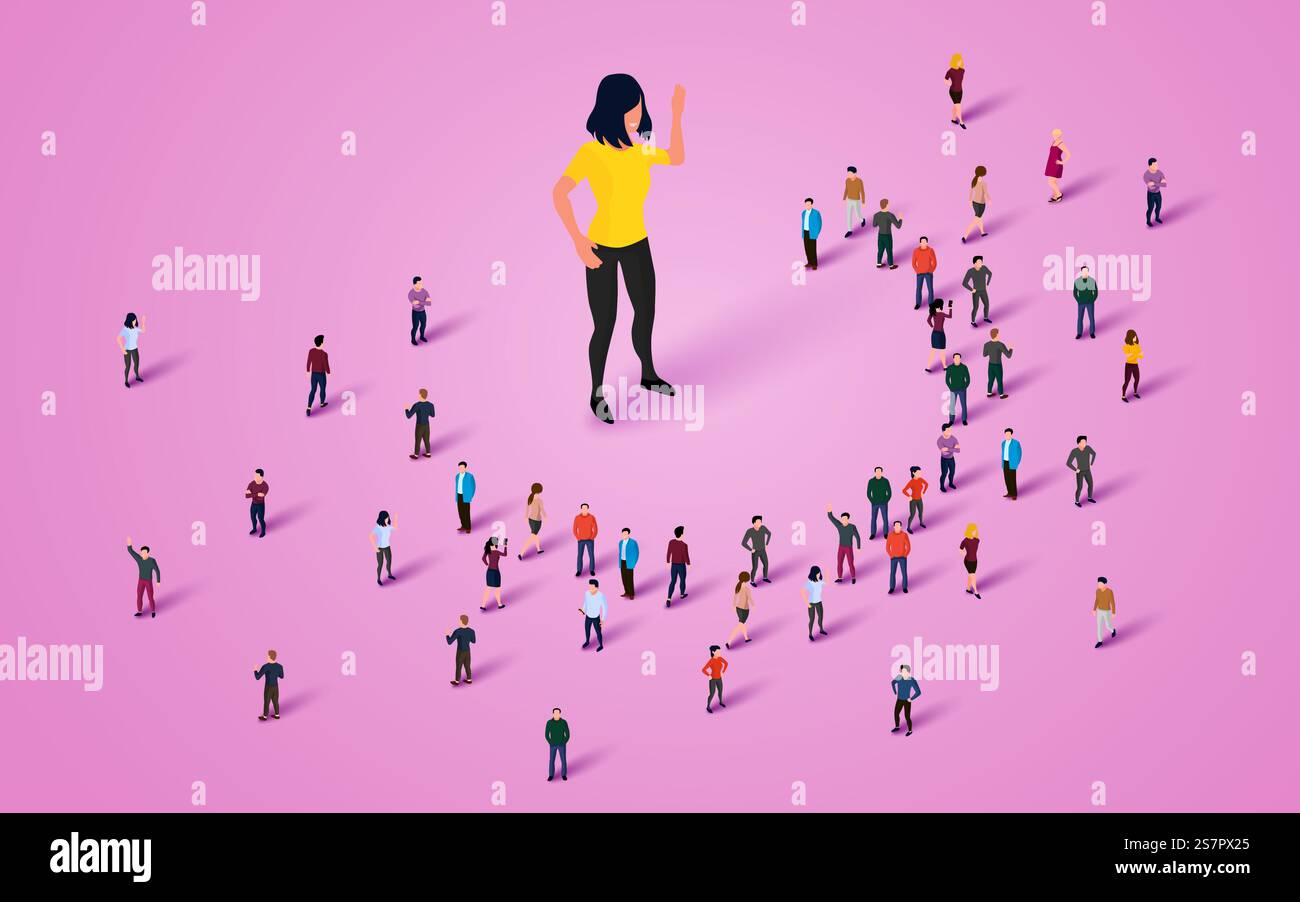 La femme parle à un grand groupe de personnes. Illustration vectorielle. La femme parle à un grand groupe de personnes. Illustration de Vecteur