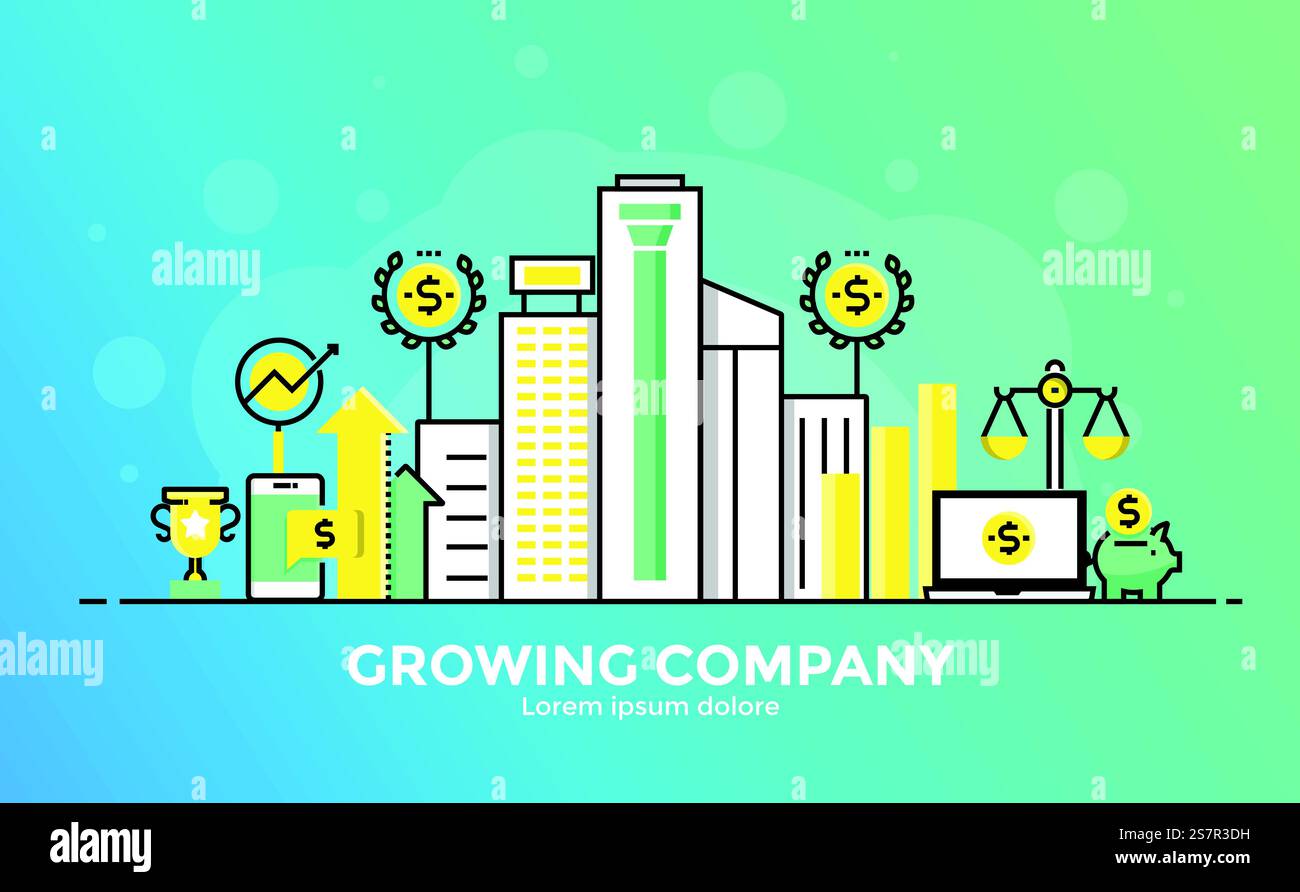 Bannière de conception plate de gradient lisse de ligne mince de Growing Company pour site Web et site Web mobile, facile à utiliser et hautement personnalisable. Concept d'illustration vectorielle moderne, isolé sur fond blanc. Illustration de Vecteur