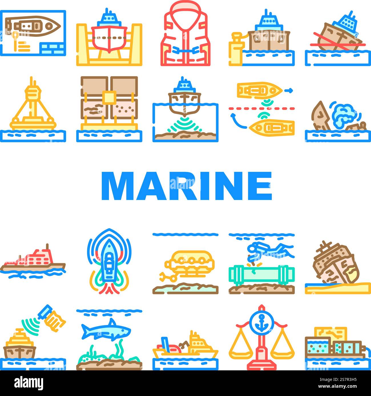 vecteur de jeu d'icônes de navire d'ingénierie marine. navire maritime, travail, bateau de mer, professionnel de l'industrie, équipage de travailleurs, homme, navire-citerne d'ingénierie navale illustrations de ligne de couleur. vecteur de jeu d'icônes de navire d'ingénierie marine Illustration de Vecteur