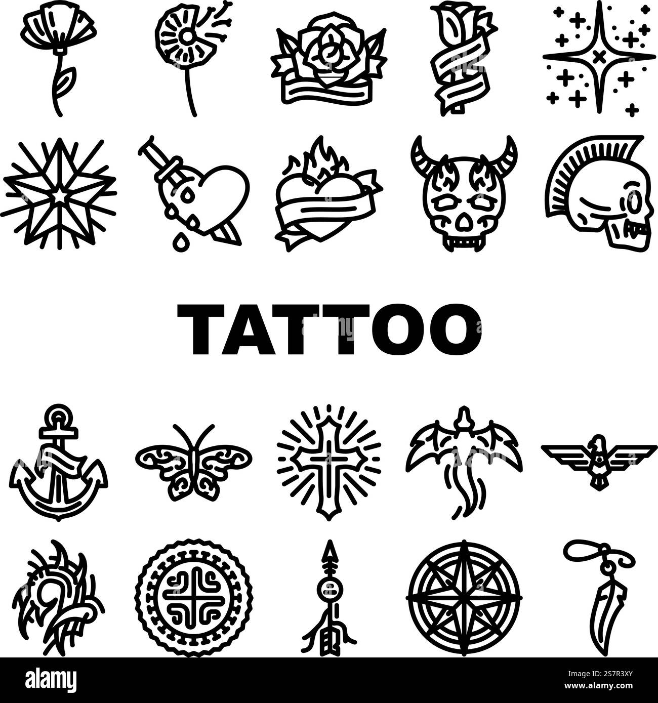 tatouage rétro vintage icônes set vecteur. coeur, rose de la mode, font old school, flamme traditionnelle, gothique à la main, avalez les illustrations de contour noir rétro vintage tatouage. tatouage rétro vintage icônes set vecteur Illustration de Vecteur