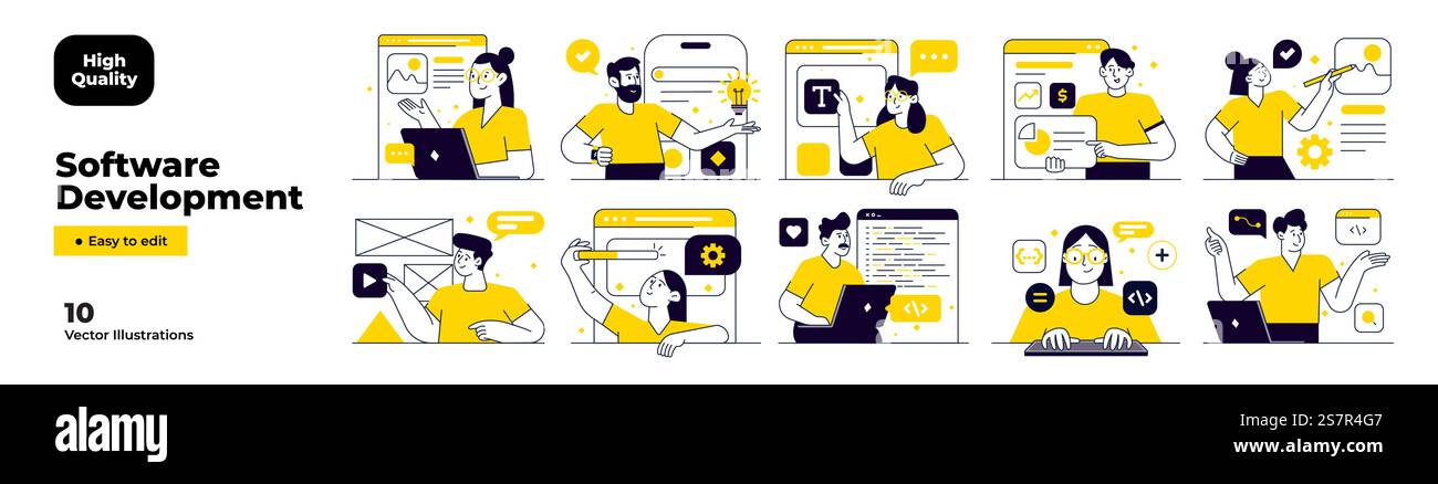 Illustrations de développement logiciel. Méga-set. Collection de scènes avec des hommes et des femmes impliqués dans le développement logiciel ou web. Illustration vectorielle Illustration de Vecteur