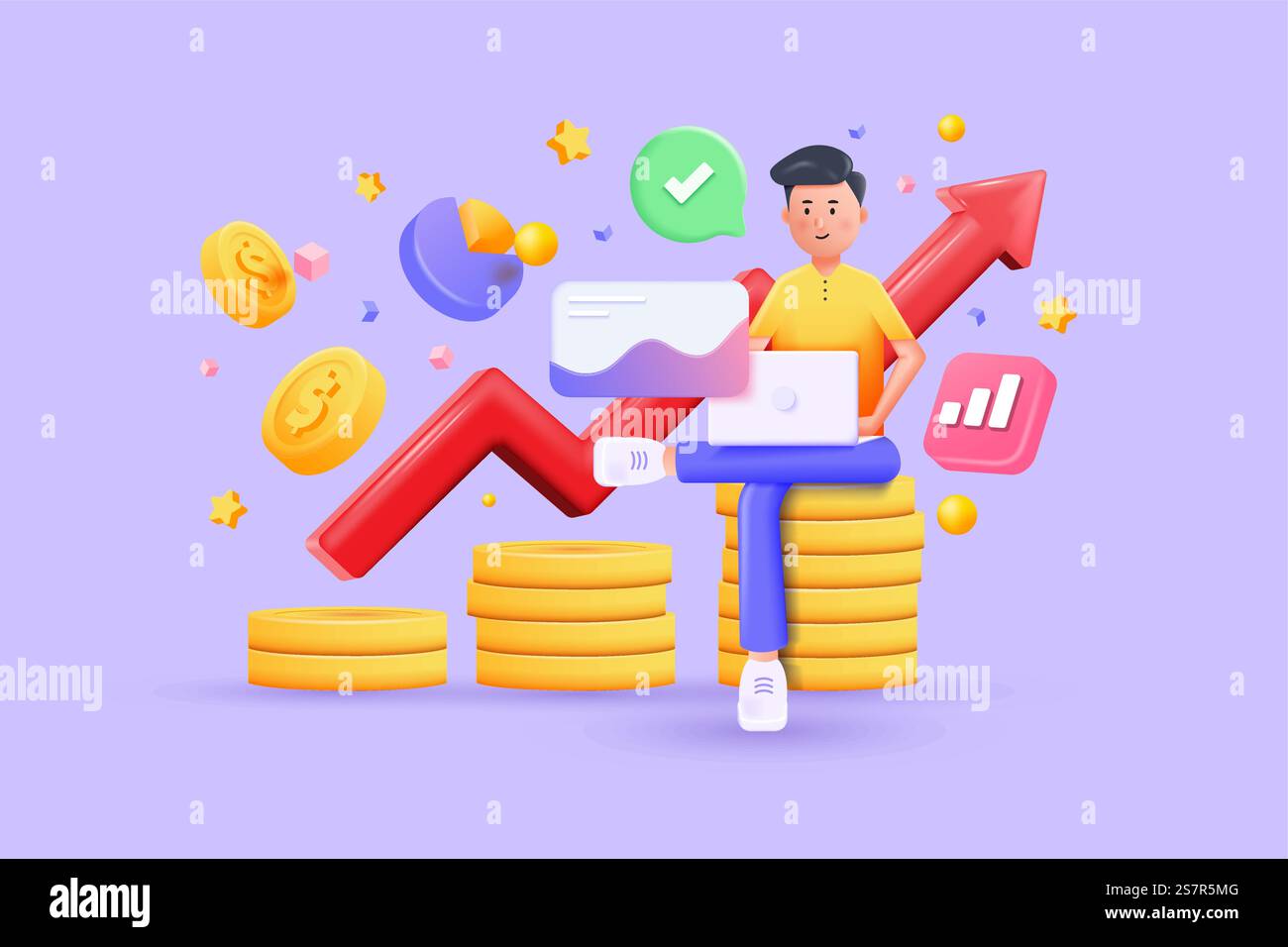 Illustration 3D d'un jeune homme assis sur des pièces de monnaie. Commerce des investissements financiers. Concept créatif du mouvement du marché. Dépôt bancaire, financement des profits gérez l'argent via vos applications. Trading de tendance de crypto-monnaie d'investissement. Vecteur 3D. Illustration de Vecteur