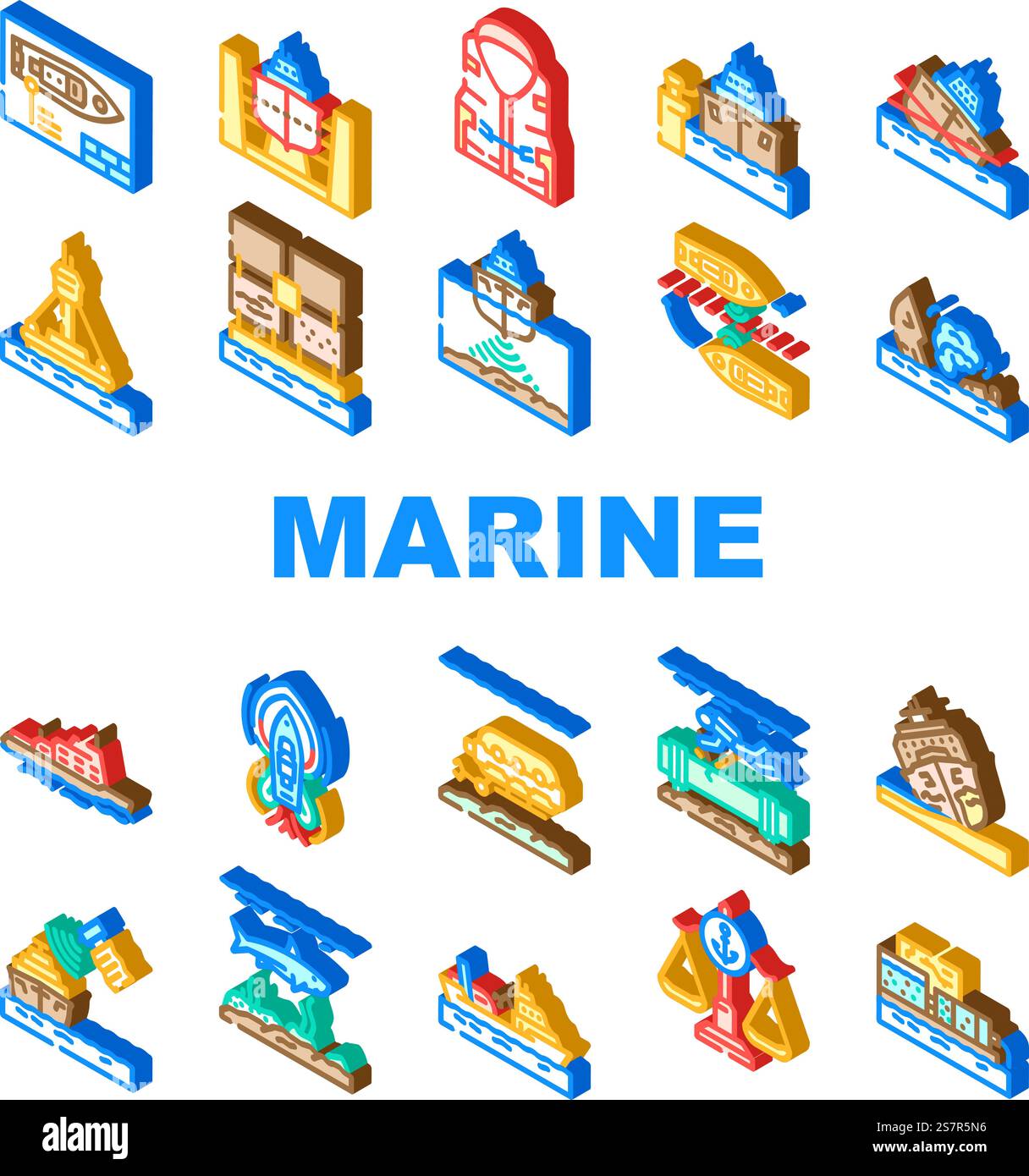 vecteur de jeu d'icônes de navire d'ingénierie marine. navire maritime, travail, bateau de mer, professionnel de l'industrie, équipage de travailleurs, homme, navire-citerne d'ingénierie navale illustrations de signe isométrique. vecteur de jeu d'icônes de navire d'ingénierie marine Illustration de Vecteur