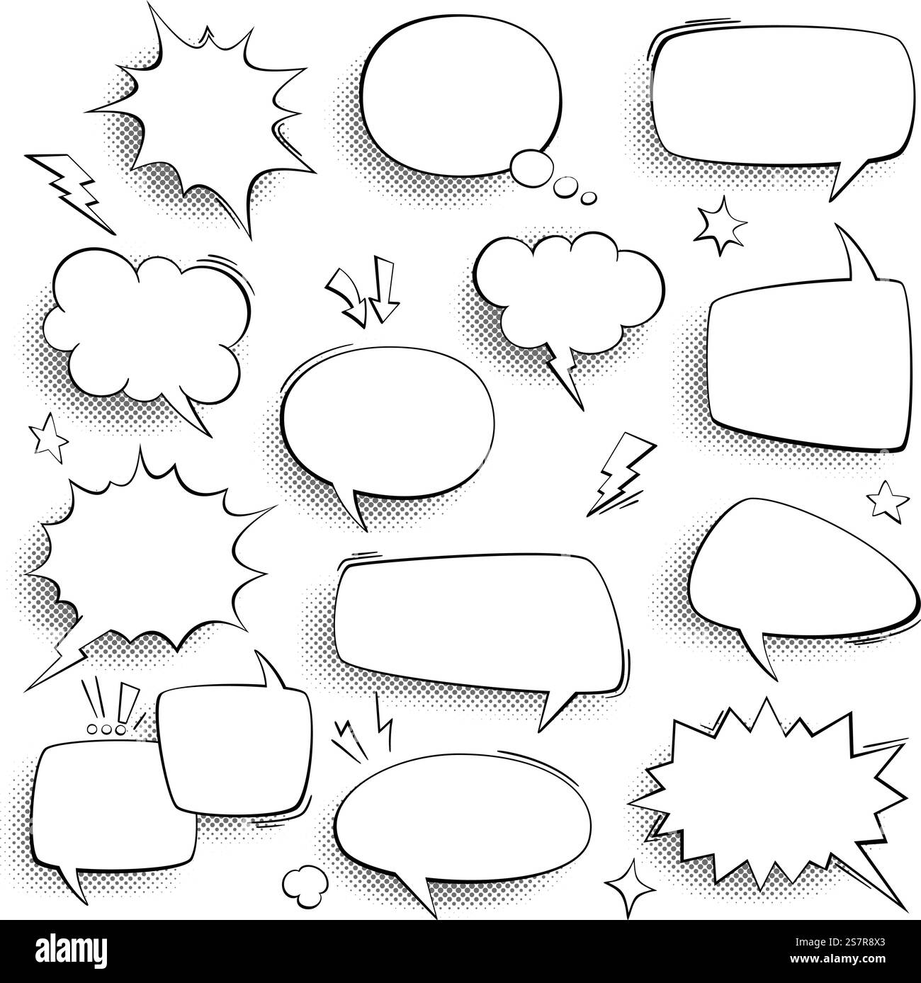 Bulles de parole. Vintage comics parler, formes de dessins animés, penser et effets sonores dans la bulle sur demi-ton, cadre vide rétro avec espace de copie, bannières de discussion dans le style pop art, ensemble de vecteur de communication. Bulles de parole. Vintage comics parler, formes de dessins animés, penser et effets sonores dans la bulle sur demi-ton, cadre vide rétro avec espace de copie, bannières de discussion dans un ensemble isolé de vecteur de style pop art Illustration de Vecteur