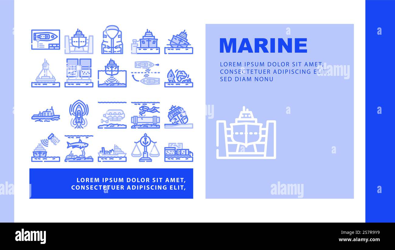 vecteur de page web de débarquement de navire d'ingénierie marine. navire maritime, travail, bateau de mer, professionnel de l'industrie, équipage de travailleurs, homme, pétrolier, illustration de navire d'ingénierie maritime. vecteur d'en-tête de débarquement de navire de génie maritime Illustration de Vecteur