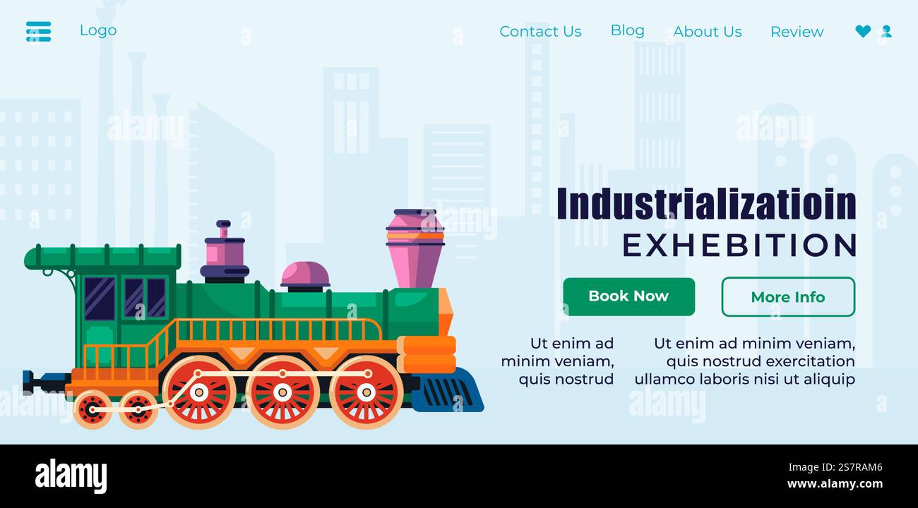 Industrialisation salon du développement des locomotives à vapeur et du transport ferroviaire, des modèles rares aux modèles innovants. Modèle de site d'atterrissage de site Web avec des billets, vecteur de site en ligne dans le style plat. Exposition de locomotives à vapeur et de chemins de fer web Illustration de Vecteur