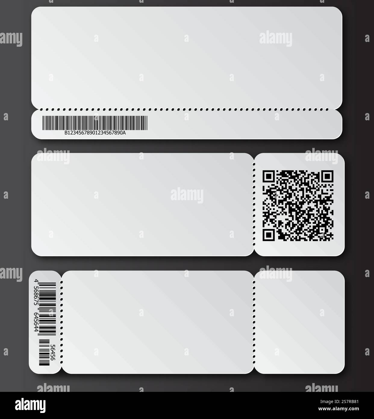 Modèle de ticket blanc avec élément détachable, code à barres et code QR isolé sur fond transparent. Musique, danse, Live concert Event entrée vecteur carte d'invitation. Blanc de loterie.. Modèle de ticket blanc avec élément détachable, code à barres et code QR isolé sur fond transparent. Musique, danse, Live concert Event entrée vecteur carte d'invitation. Blanc de loterie Illustration de Vecteur