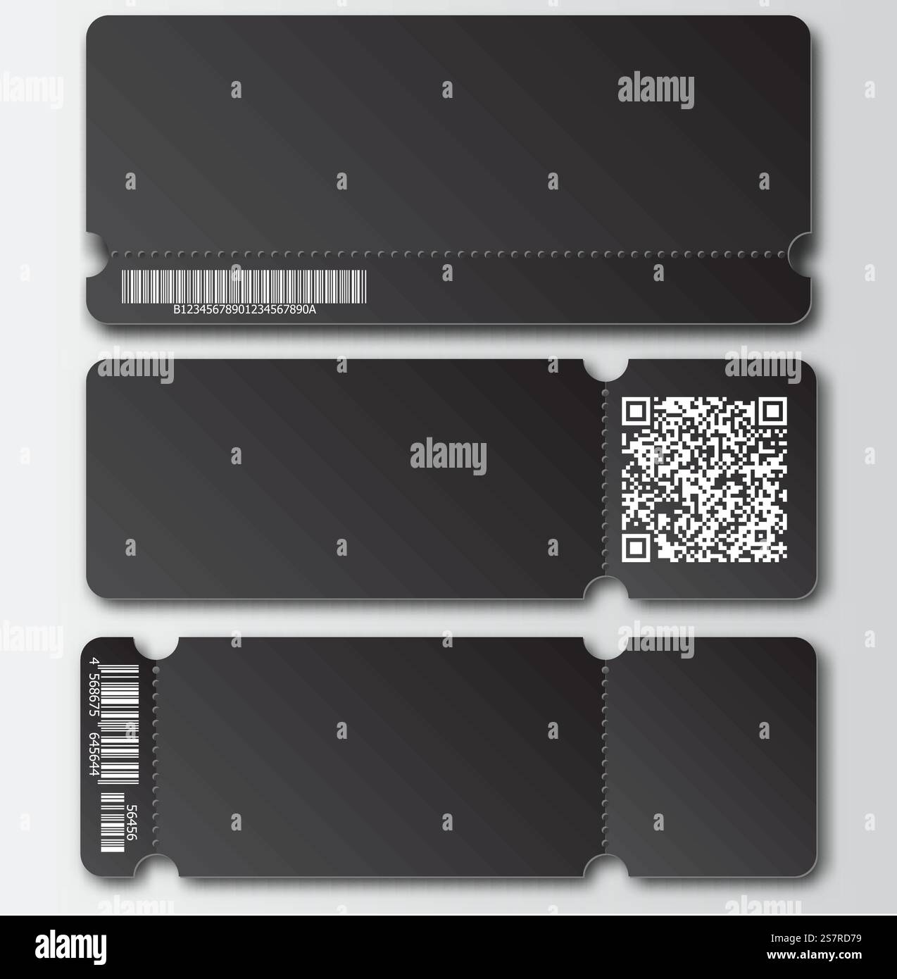Modèle de ticket noir avec élément arrachable, code à barres et code QR isolé sur fond transparent. Musique, danse, Live concert Event entrée vecteur carte d'invitation. Blanc de loterie.. Modèle de ticket noir avec élément arrachable, code à barres et code QR isolé sur fond transparent. Musique, danse, Live concert Event entrée vecteur carte d'invitation. Blanc de loterie Illustration de Vecteur