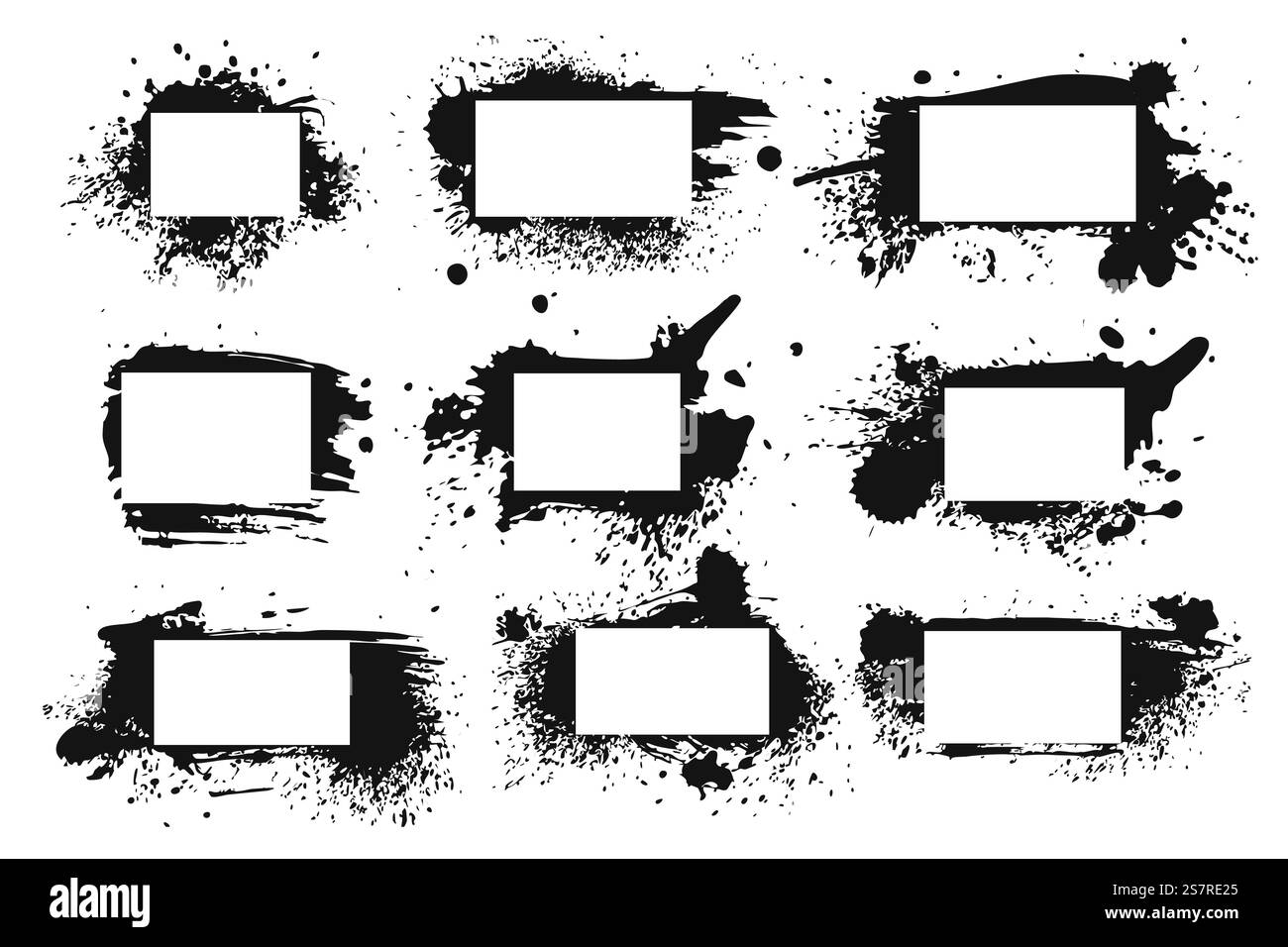 Cadre d'encre pulvérisée. Ensemble de bordure noire encré grunge, texture rugueuse abstraite avec des éclaboussures et des taches de peinture, silhouettes décoratives avec espace de copie, formes carrées et rectangulaires collection isolée de vecteur. Cadre d'encre pulvérisée. Ensemble de bordures noires encrées grunge, texture rugueuse abstraite avec des éclaboussures et des taches de peinture, silhouettes décoratives avec espace de copie, formes vectorielles carrées et rectangulaires Illustration de Vecteur
