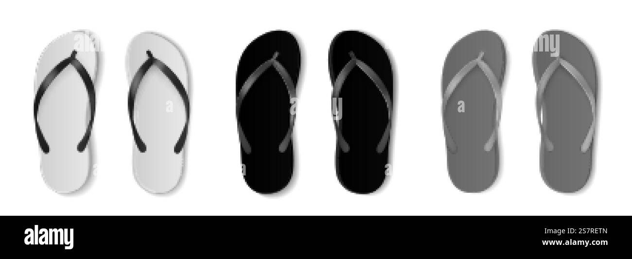 Maquette réaliste de tongs. Chaussures de plage monochromes, noir, blanc et gris, piscine en caoutchouc vide, paires de sandales de plage et de salle de bain, chaussures d'été. Vue de dessus vecteur de chaussures 3d isolé ensemble. Maquette réaliste de tongs. Chaussures de plage monochromes, noir, blanc et gris, piscine en caoutchouc vide, paires de sandales de plage et de salle de bain, chaussures d'été. Ensemble vectoriel de chaussures de vue de dessus Illustration de Vecteur