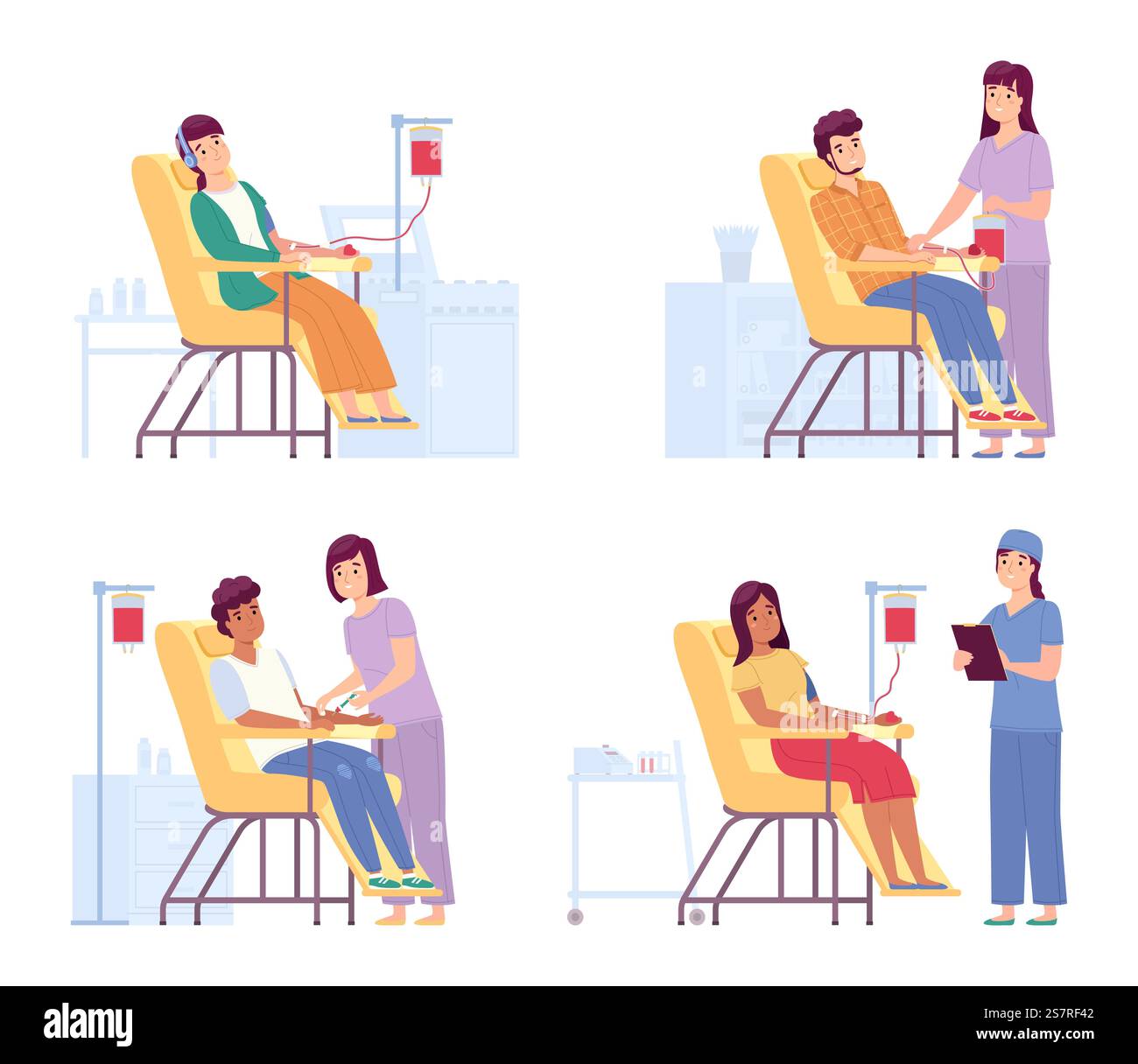 Les donneurs donnent du sang. Les médecins ou les infirmières surveillent la collecte de sang des bénévoles, les gens dans le centre médical assis dans des chaises spécialisées, concept de charité de soins de santé, ensemble isolé de dessin animé plat vectoriel. Les donneurs donnent du sang. Les médecins ou les infirmières surveillent la collecte de sang des bénévoles, les gens dans le centre médical assis dans des chaises spécialisées, concept de charité de soins de santé, ensemble isolé de vecteur Illustration de Vecteur