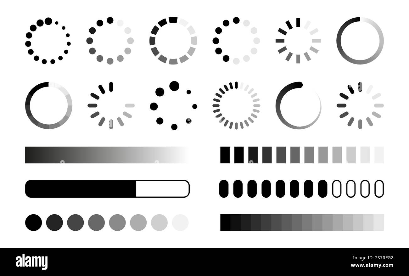 Chargement de la collection d'éléments de barre de processus. Ensemble d'icônes de chargement. Panneaux de chargement de la barre de progression Illustration de Vecteur