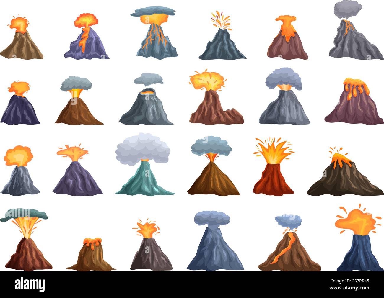 Les icônes d'explosion de volcan définissent le vecteur de dessin animé. Explosion d'éruption de lave. Nature pierre naturelle. Les icônes d'explosion de volcan définissent le vecteur de dessin animé. Explosion d'éruption de lave Illustration de Vecteur