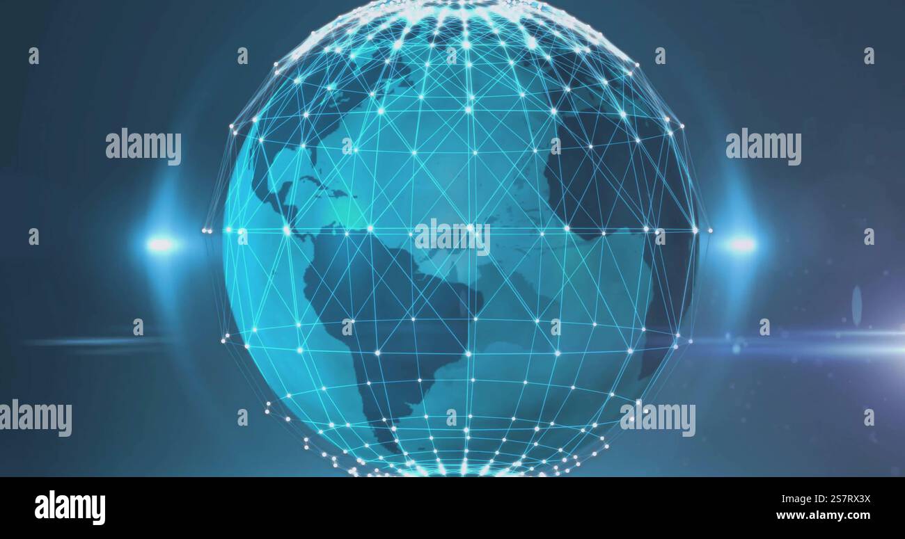 Image du traitement des données au-dessus du globe sur fond bleu Banque D'Images