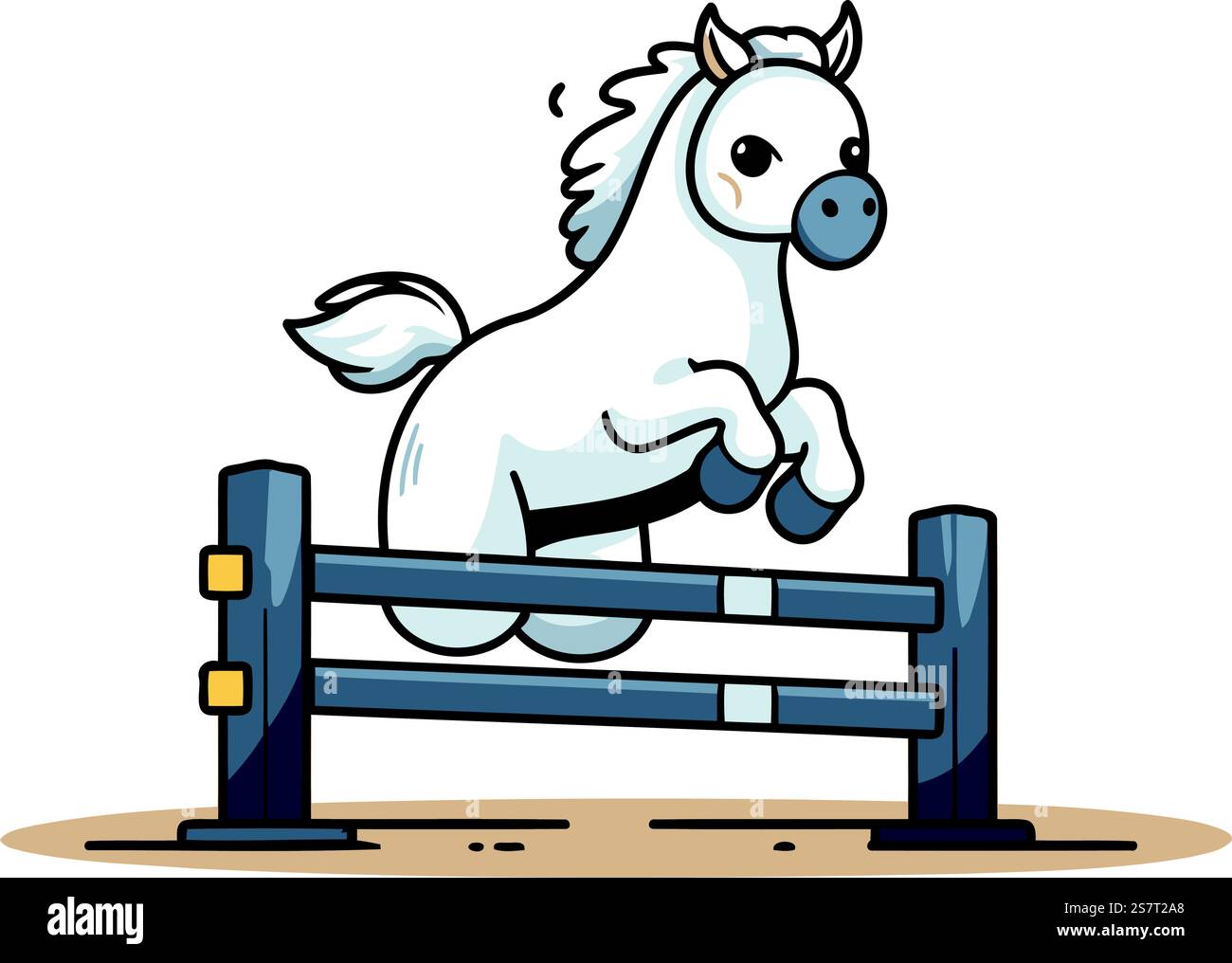 Mignon cheval blanc sautant par-dessus une clôture. Illustration vectorielle de dessin animé. Illustration de Vecteur