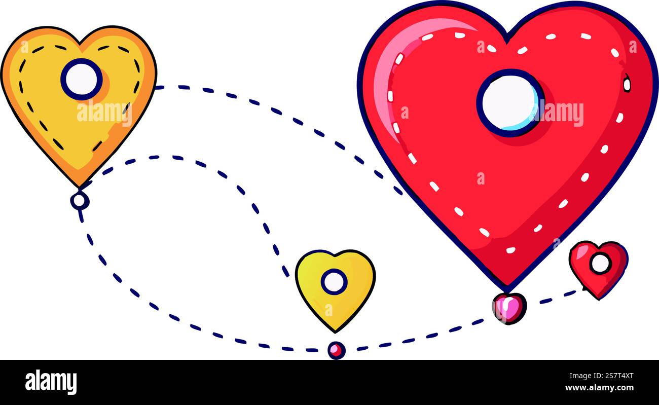 Illustration vectorielle d'itinéraires de voyage en forme de cœur avec des chemins pointillés, des pointeurs de carte colorés et des symboles de voyage de transport Illustration de Vecteur