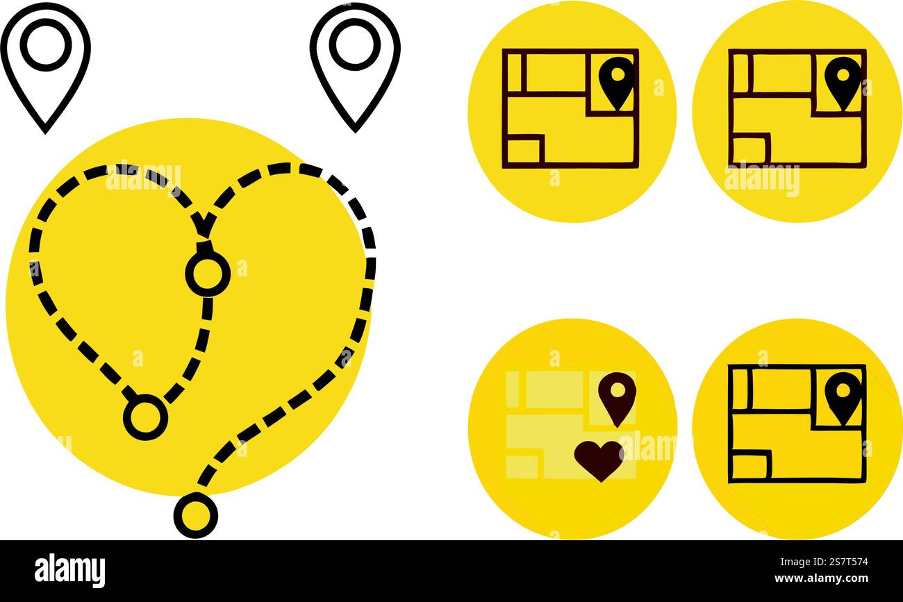 Icônes minimalistes en pointillés avec des chemins en forme de cœur, des épingles d'itinéraire et des symboles de transport pour les illustrations de navigation Illustration de Vecteur