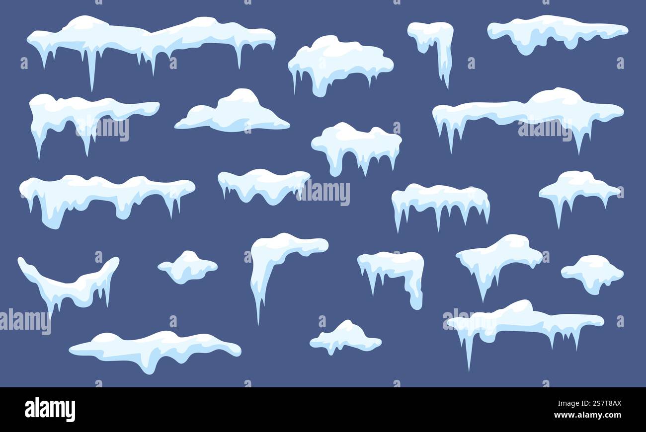 Kit de casquettes de neige de dessin animé. Casquette d'hiver plate avec glaçons, neige des éléments de glace de noël. Conception saisonnière de toit, givre et glace, collection vectorielle serrée de kit de glace, ensemble d'illustration de casquettes enneigées. Kit de casquettes de neige de dessin animé. Casquette d'hiver plate avec glaçons, neige des éléments de glace de noël. Conception de toit saisonnier, givre et glace, collection vectorielle serrée Illustration de Vecteur