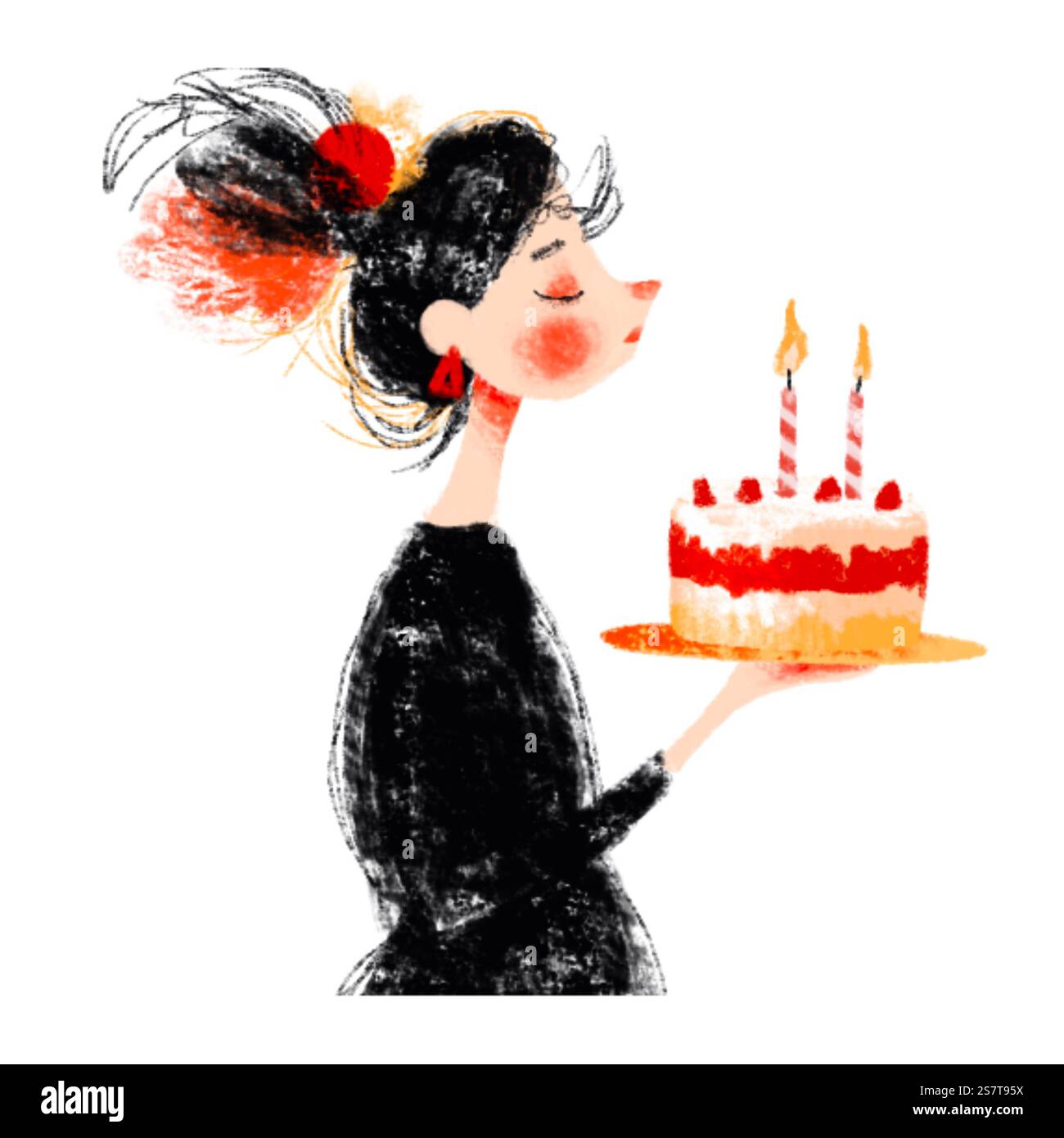 Célébration d'anniversaire, illustration de la femme tenant le gâteau Banque D'Images