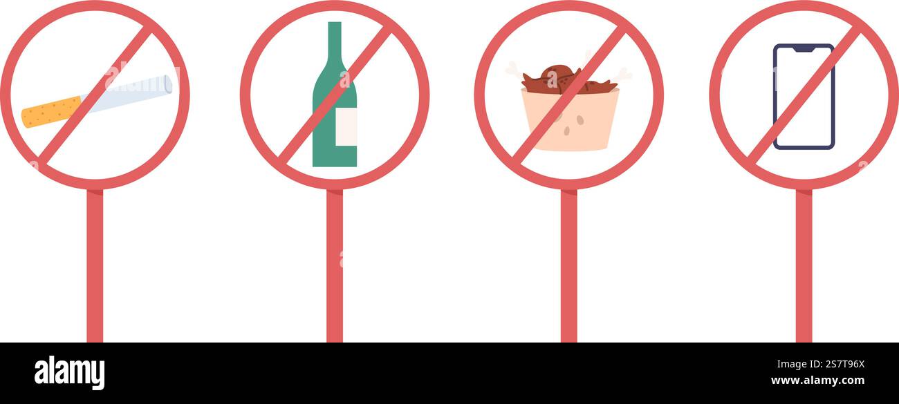 Panneaux d'interdiction, ne pas fumer, boire de l'alcool, manger de la restauration rapide et utiliser un smartphone. Mauvaises habitudes et adultes addictions populaires, éléments vectoriels et signe d'illustration interdite. Panneaux d'interdiction, ne pas fumer, boire de l'alcool, manger de la restauration rapide et utiliser un smartphone. Mauvaises habitudes et adultes addictions populaires, éléments vectoriels Illustration de Vecteur