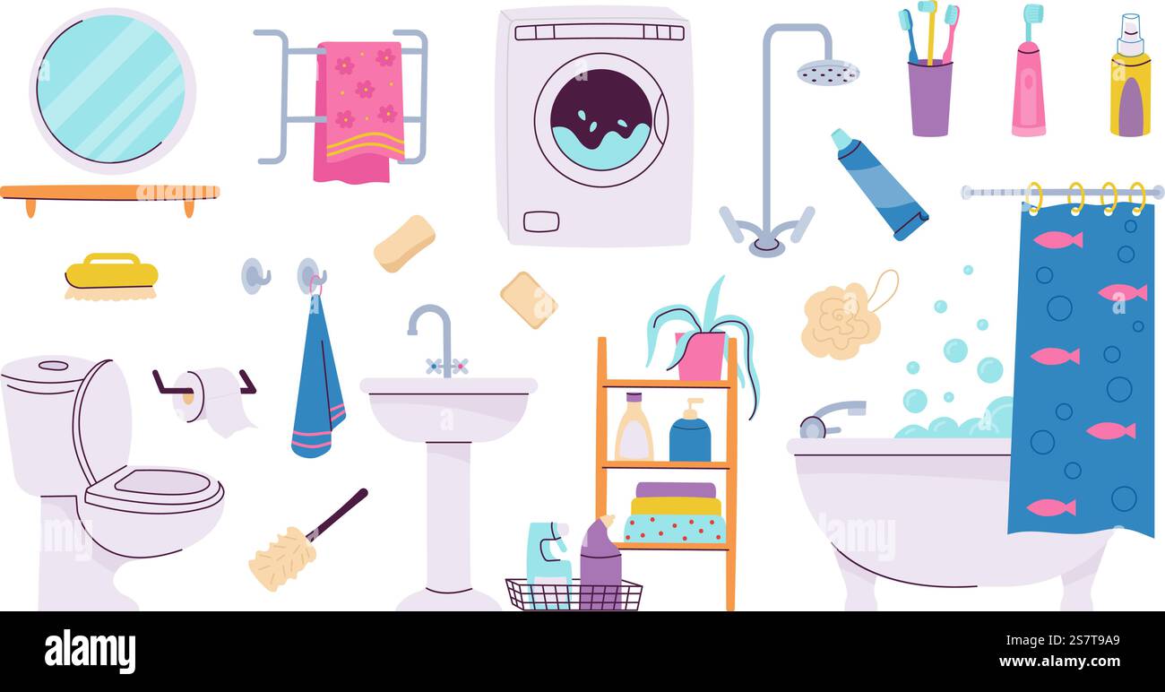 Éléments intérieurs plats de salle de bain, placard à la maison et savon, clipart de salle de toilette de dessin animé. Décorations de salle de bain ou de blanchisserie, ensemble vecteur décent de douche et de bain de l'intérieur de salle de bain, illustration de meubles. Éléments intérieurs plats de salle de bain, placard à la maison et savon, clipart de salle de toilette de dessin animé. Décorations de salle de bain ou de blanchisserie, ensemble vecteur décent de douche et de bain Illustration de Vecteur