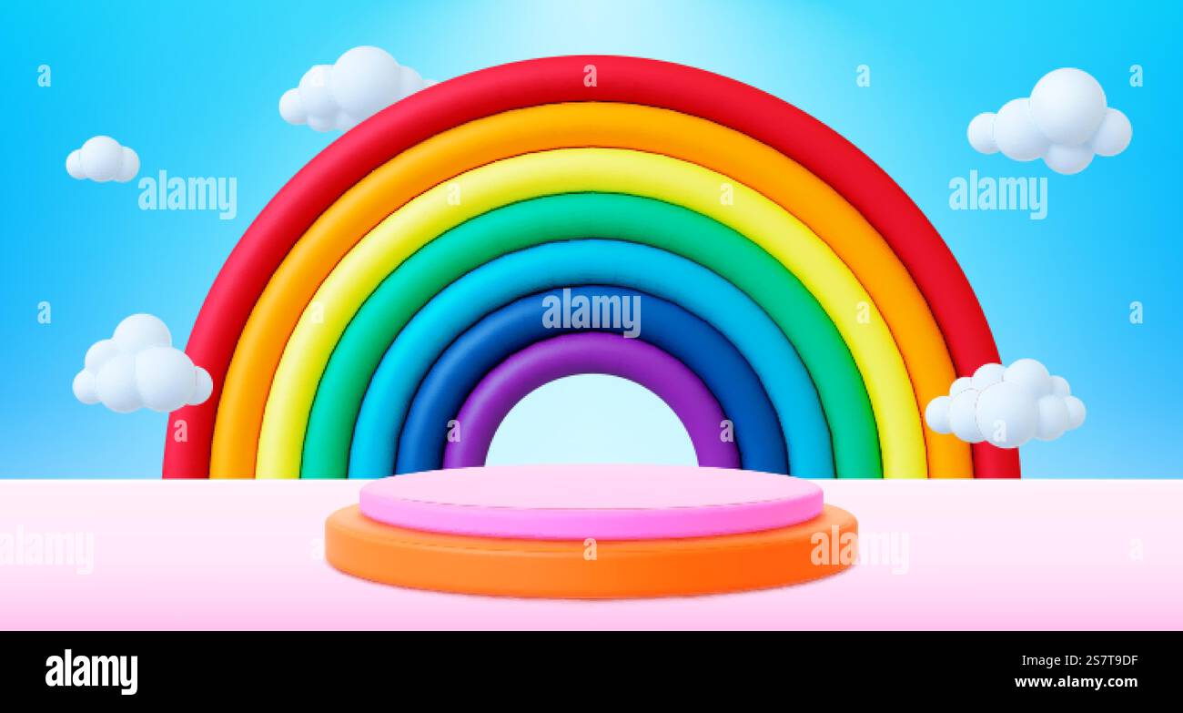 Enfants fond 3d, arc-en-ciel, podium et nuages de bulles blanches. Bannière vide pour enfants modernes. Marketing, modèle de vecteur d'affiche publicitaire de podium avec illustration de conception arc-en-ciel. Enfants fond 3d, arc-en-ciel, podium et nuages de bulles blanches. Bannière vide pour enfants modernes. Marketing, modèle de vecteur d'affiche publicitaire Illustration de Vecteur