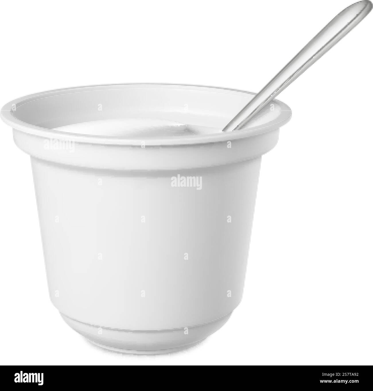 Yaourt frais dans un récipient en plastique blanc réaliste avec cuillère en métal. maquette d'emballage 3d, tasse de crème sure ouverte. Conteneur vierge d'élément vectoriel pithy de produit laitier savoureux pour illustration de nourriture de lait. Yaourt frais dans un récipient en plastique blanc réaliste avec cuillère en métal. maquette d'emballage 3d, tasse de crème sure ouverte. Elément vecteur savoureux pour produit laitier Illustration de Vecteur