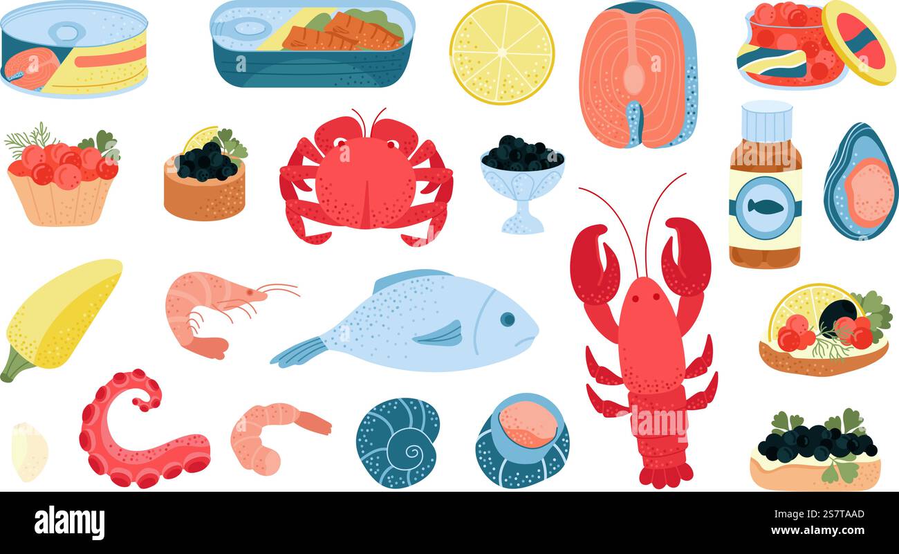 Ingrédients de fruits de mer, calmars et crevettes. Dessin animé plat délicieux caviar cru, sardines en canette. Saumon et crabe isolés, ensemble décent de cuisine de mer vecteur de calmars de fruits de mer et illustration de crustacés. Ingrédients de fruits de mer, calmars et crevettes. Dessin animé plat délicieux caviar cru, sardines en canette. Saumon et crabe isolés, ensemble décent de cuisine de mer vectorielle Illustration de Vecteur