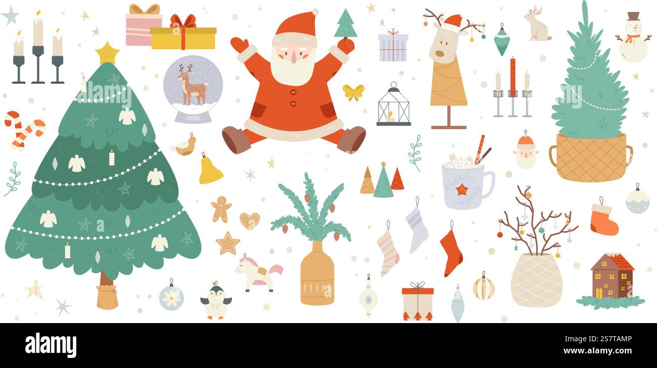 Doodle dessins animés décorations de noël éléments. Arbre de Noël, jouets et père noël. Bouquet de vacances d'hiver, bougies et cadeaux confortablement vecteur clipart de cadeau et de meubles pour illustration de noël. Doodle dessins animés décorations de noël éléments. Arbre de Noël, jouets et père noël. Bouquet de vacances d'hiver, bougies et cadeaux clipart vectoriel serrant Illustration de Vecteur