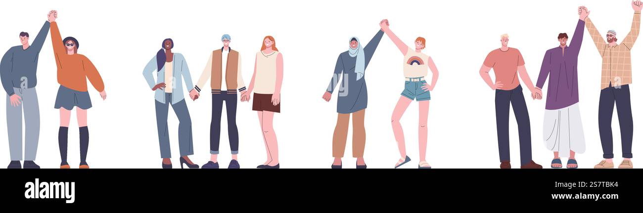 Des gens qui se tiennent la main. Heureux multiculturel personnages différents, hommes et femmes, jeunes et adultes. Communauté internationale, vecteur amitié du groupe multiculturel, heureux et différent illustration. Des gens qui se tiennent la main. Heureux multiculturel personnages différents, hommes et femmes, jeunes et adultes. Communauté internationale, scènes d'amitié vectorielles Illustration de Vecteur