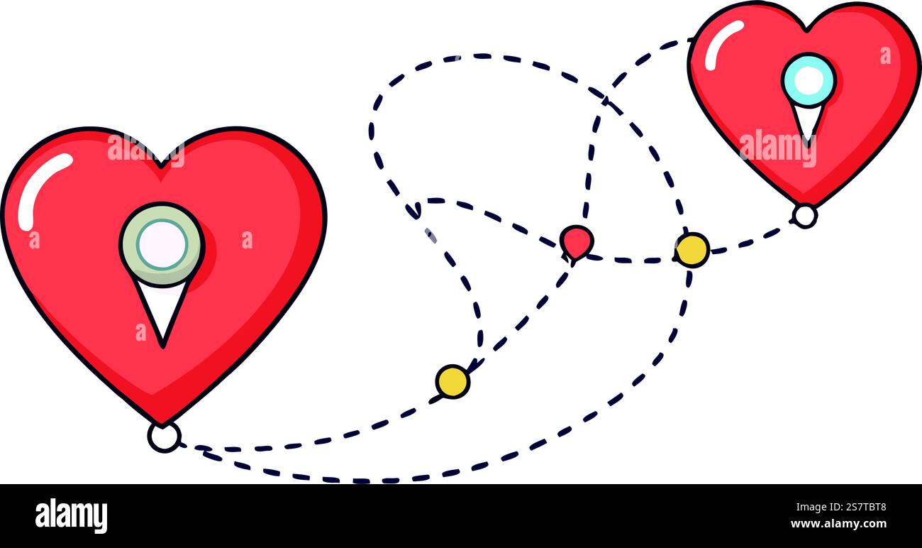 Icônes d'itinéraire de carte à thème de cœur créatif avec des lignes pointillées, des marqueurs d'épingle brillants et des concepts de voyage d'amour symboliques dans la conception vectorielle Illustration de Vecteur