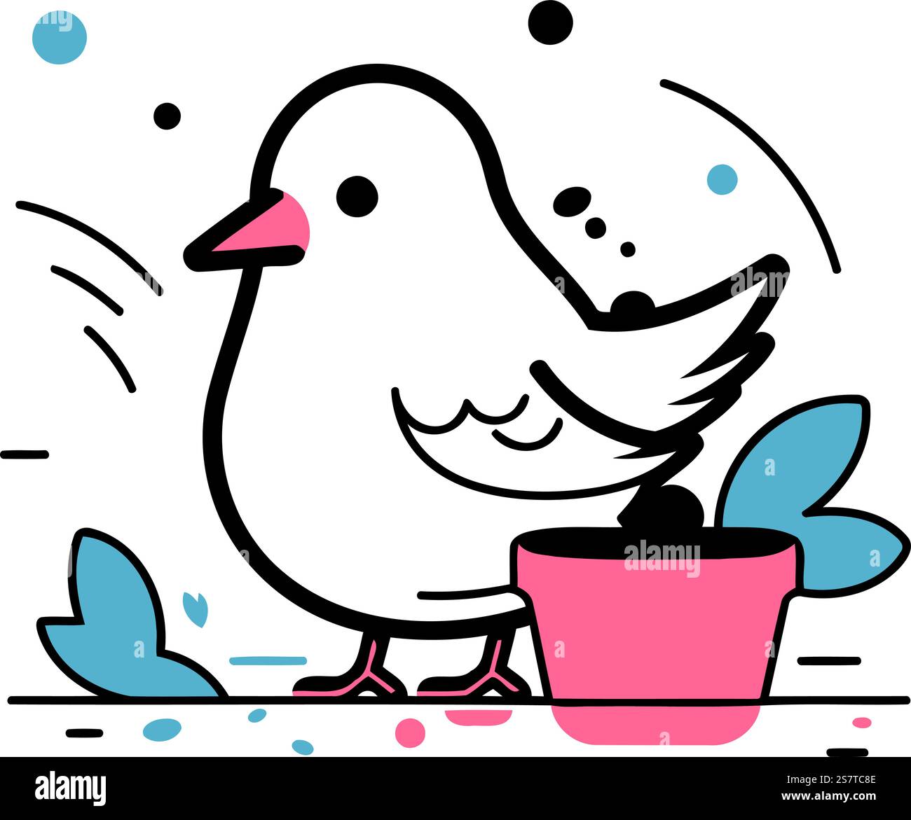 Illustration vectorielle d'un oiseau mignon avec une fleur dans un pot. Illustration de Vecteur