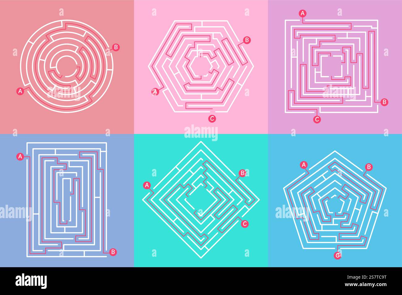 Graphique de jeu labyrinthe. Labyrinthe puzzle simple avec différentes destinations. Trouvez votre chemin, trouver la sortie de cercle labyrinthes carrés décent ensemble de vecteur de labyrinthe de puzzle, illustration de conception de complexité. Graphique de jeu labyrinthe. Labyrinthe puzzle simple avec différentes destinations. Trouvez votre chemin, trouver la sortie hors cercle labyrinthes carrés décent vecteur défini Illustration de Vecteur