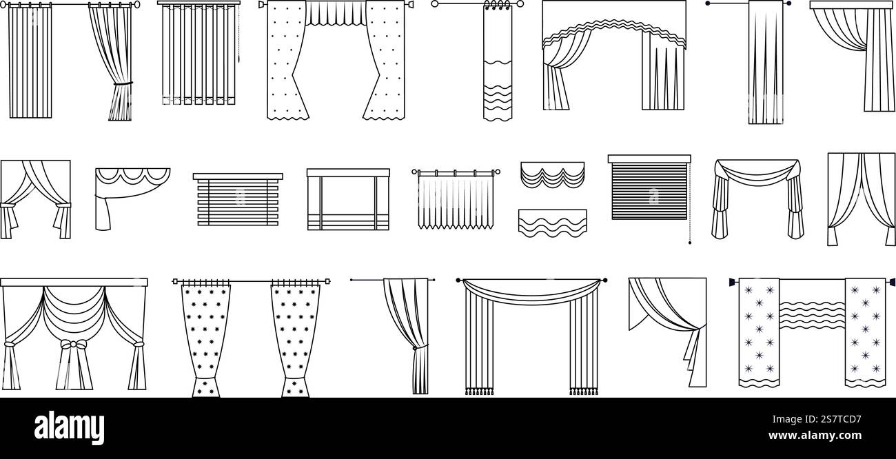 Rideaux de ligne pour porte, fenêtre ou scène. Décorations de fenêtres, stores de contour et rideau. Divers design d'intérieur de tissu, éléments vectoriels décents d'intérieur de l'illustration de décoration de ligne de rideau de fenêtre. Rideaux de ligne pour porte, fenêtre ou scène. Décorations de fenêtres, stores de contour et rideau. Divers design d'intérieur de tissu, éléments vectoriels décents d'intérieur Illustration de Vecteur