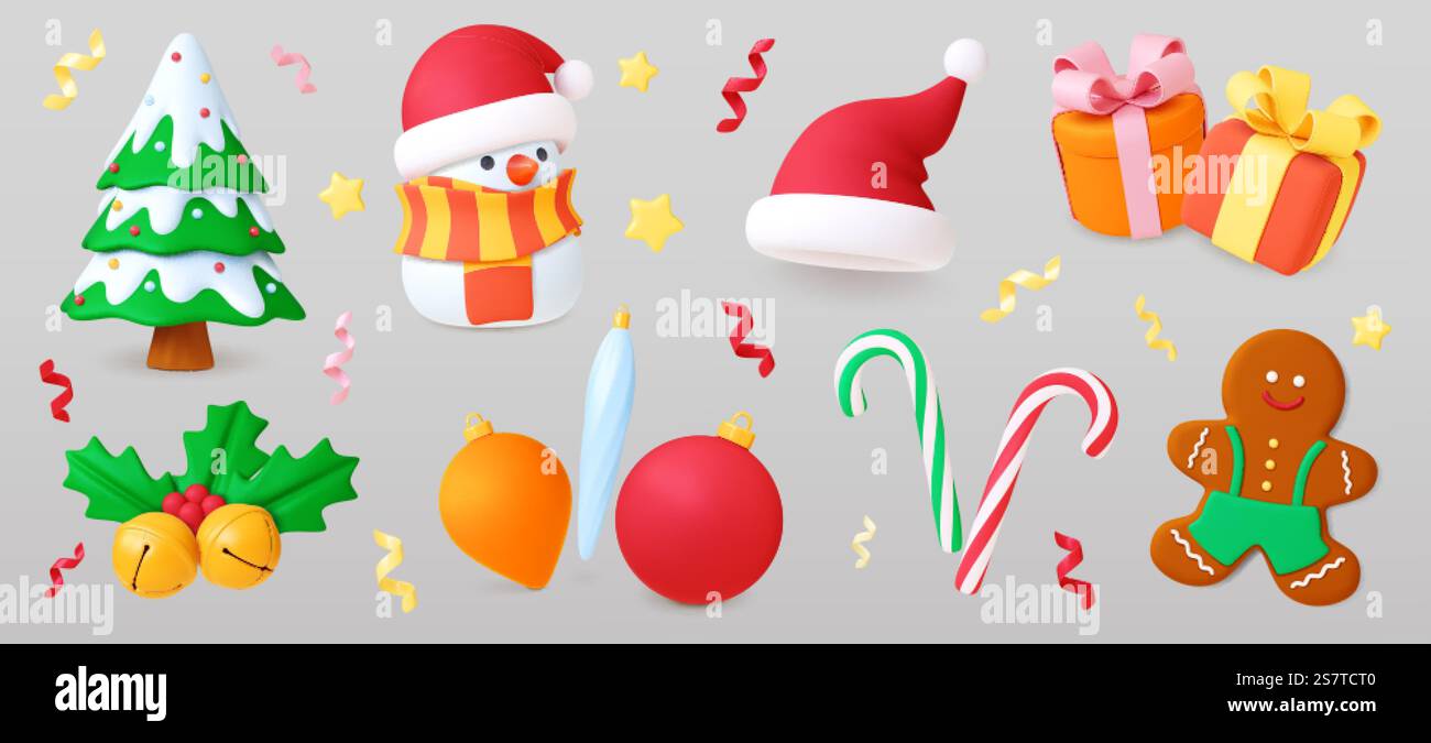 Éléments 3d de Noël. Coffrets cadeaux, arbre de Noël et biscuit. Surprise vacances d'hiver objets réalistes. Rendre des bonbons, des jouets, un ensemble vectoriel pithy de bonhomme de neige de décoration d'éléments pour l'illustration de célébration. Éléments 3d de Noël. Coffrets cadeaux, arbre de Noël et biscuit. Surprise vacances d'hiver objets réalistes. Rendre des bonbons, des jouets, un ensemble vectoriel pithy de bonhomme de neige Illustration de Vecteur